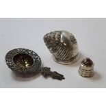 Middle Eastern silver box modelled as a snail, a similar small box with filigree and a tea strainer.