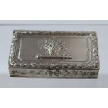 Continental silver rectangular box with embossed cover and sides, fantasy marks and French control