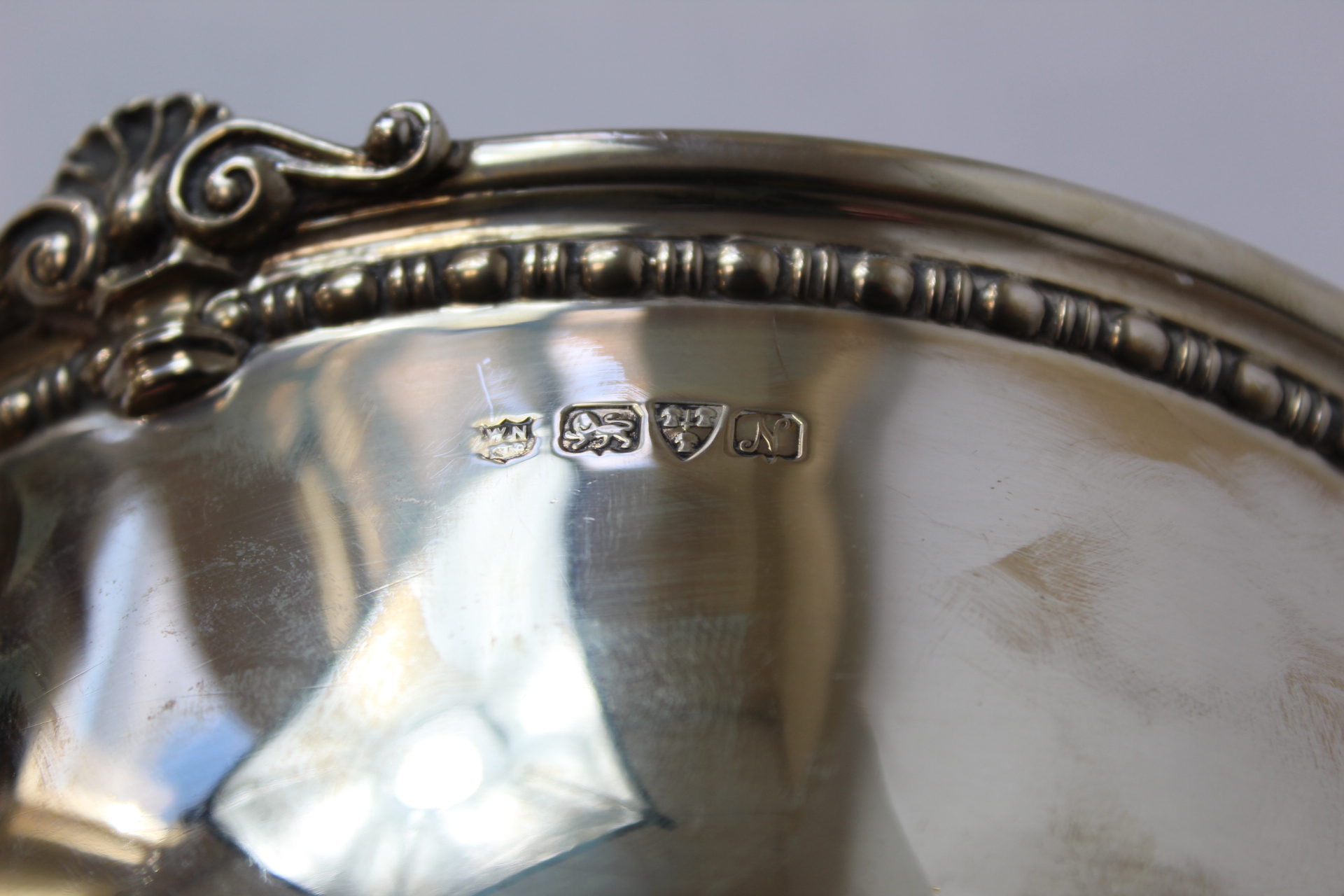 Silver rose bowl, hemispherical with applied scallops and scrolls on moulded foot, Nathan & Hayes, - Image 2 of 2