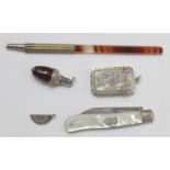 Silver engraved vesta case Birmingham 1888, a fruit knife, a pencil with Stanhope views of