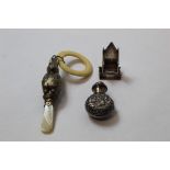 Silver copy of the Coronation throne, Birmingham 1901, a child's rattle modelled as a rabbit and n