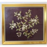 20th century silk embroidered panel of white blossom on a dark burgundy ground, 28cm x 31cm.