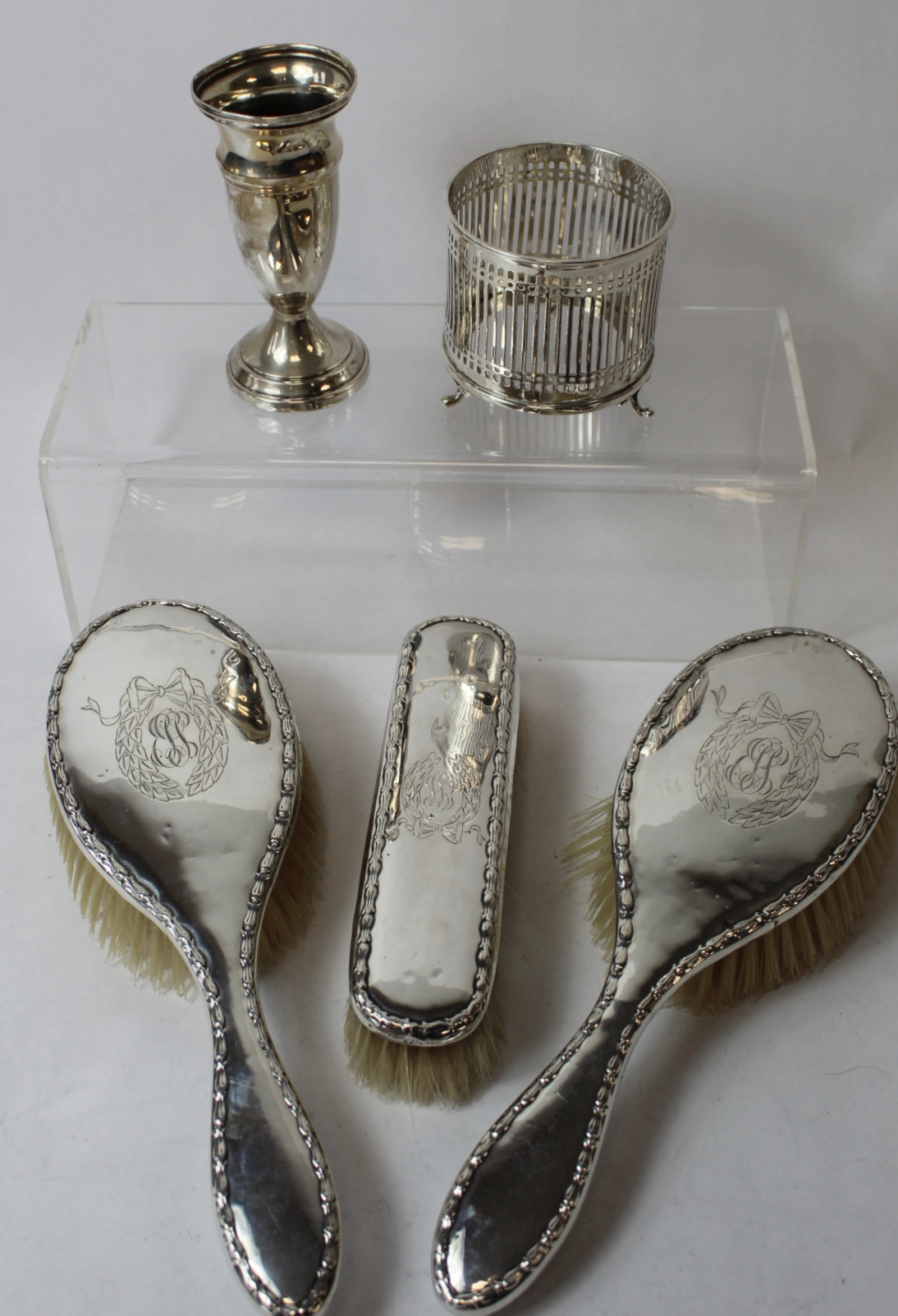 Silver vase, a similar bottle holder and three brushes. - Image 2 of 2