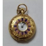 Swiss keyless lever watch, lady's size, in engraved 15ct gold half hunter case with pink enamelled