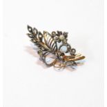 19th century spray brooch with a pearl and rose diamonds, in gold fronted with silver.