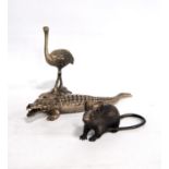 Three oriental cast figures to include rat, crocodile and ostrich, signed the bases, rat 12cm and