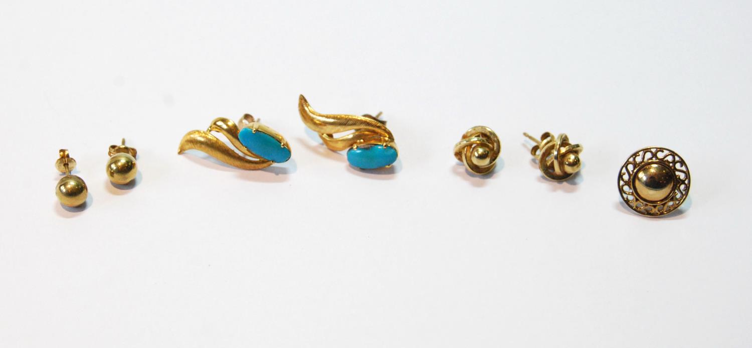 Pair of turquoise earrings of double comma shape and two other pairs, and another, odd, all gold,