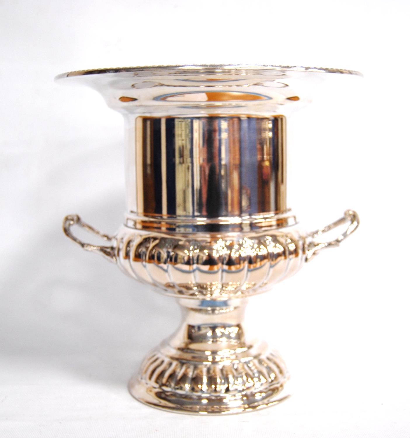Silver plated champagne bucket by Roberts & Dore, with flared gadrooned rim, twin handles and plinth