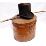 Toleware hat box, a top hat and a riding crop, 39cm wide, 34cm high and 34cm deep.  (3)