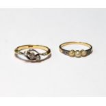 French gold ring with three pearls and diamond-set shoulders and another with three diamonds,