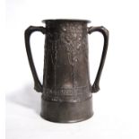 Liberty & Co., Tudric pewter twin-handled vase by David Veasey decorated with trees, 'For Old