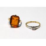Diamond solitaire ring, '18ct plat', and a citrine ring, in 9ct gold, sizes P and L, 5.2g.   (2)