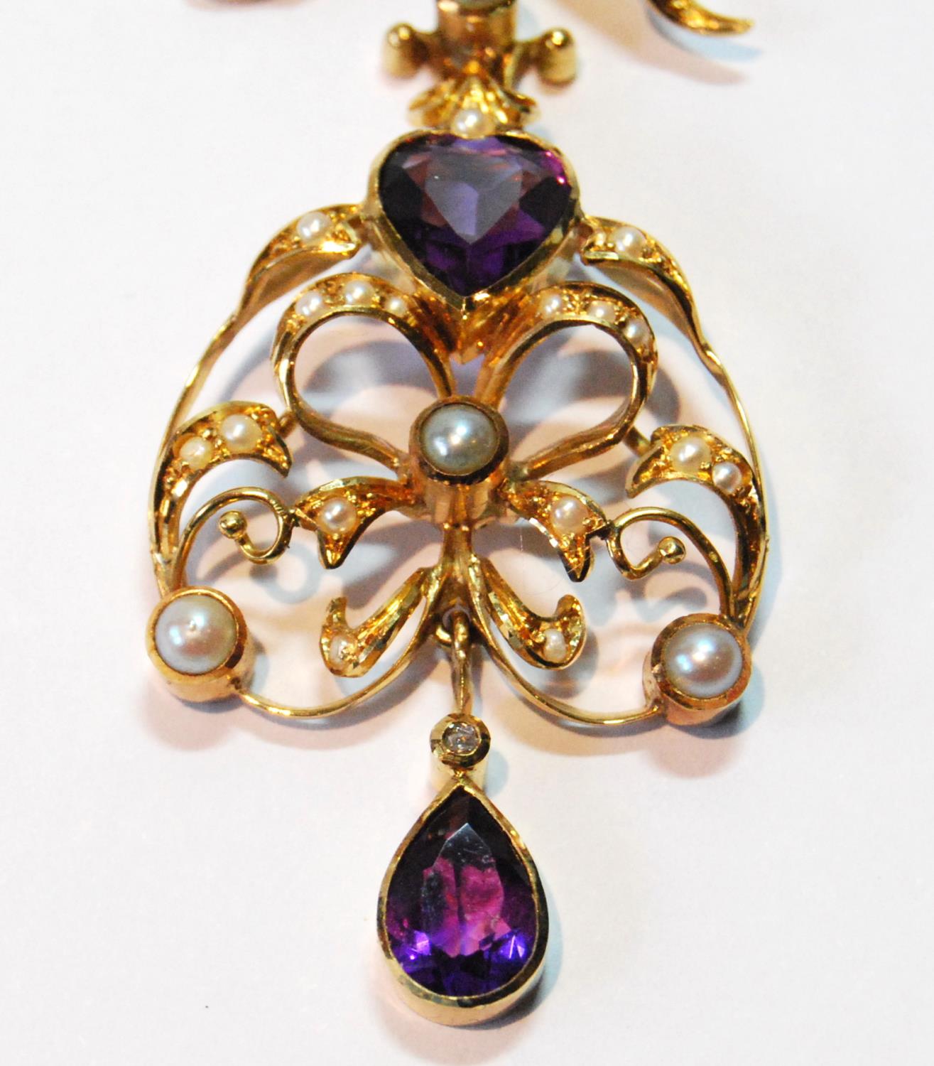 Gold brooch/pendant with amethyst and pearl drop dependant from a pearl-set bow, probably 15ct. - Image 3 of 4