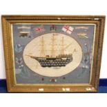 19th century needlepoint of HMS Duke of Wellington, 'Old Times, Present Times', 56cm x 70cm.