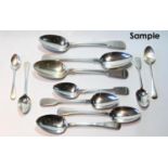 Three silver tablespoons, fiddle pattern, four dessert spoons, 1828, 1833 and Exeter 1826 (2) and
