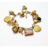 9ct gold open curb bracelet with various charms dependant, 39.8g gross.