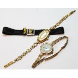 Lady's 9ct gold bracelet watch, another on rolled gold bracelet, and a gold-mounted initial