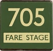 London Transport coach stop enamel E-PLATE for Green Line route 705 annotated 'Fare Stage'. An