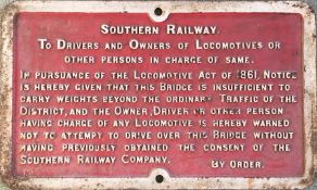 Southern Railway cast-iron NOTICE re bridge weight restriction (Notice to drivers & owners of