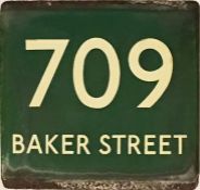 London Transport coach stop enamel E-PLATE for Green Line route 709 destinated Baker Street. Dates