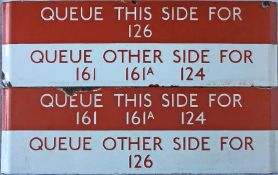 Matched pair of London Transport bus stop enamel Q-PLATES, one reading 'Queue this side for 126,