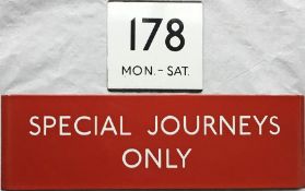 London Transport bus stop enamel E-PLATE for route 178 Mon-Sat and G-PLATE 'Special Journeys