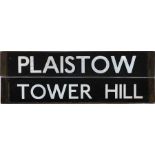 London Underground Q-Stock CAB DESTINATION PLATE 'Plaistow / Tower Hill' from the District Line. A
