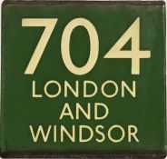 London Transport coach stop enamel E-PLATE for Green Line route 704 destinated London and Windsor.
