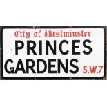 c1930s-50s City of Westminster enamel STREET SIGN from Princes Gardens, SW7, a residential square in