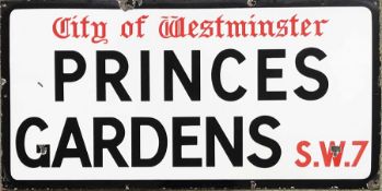 c1930s-50s City of Westminster enamel STREET SIGN from Princes Gardens, SW7, a residential square in