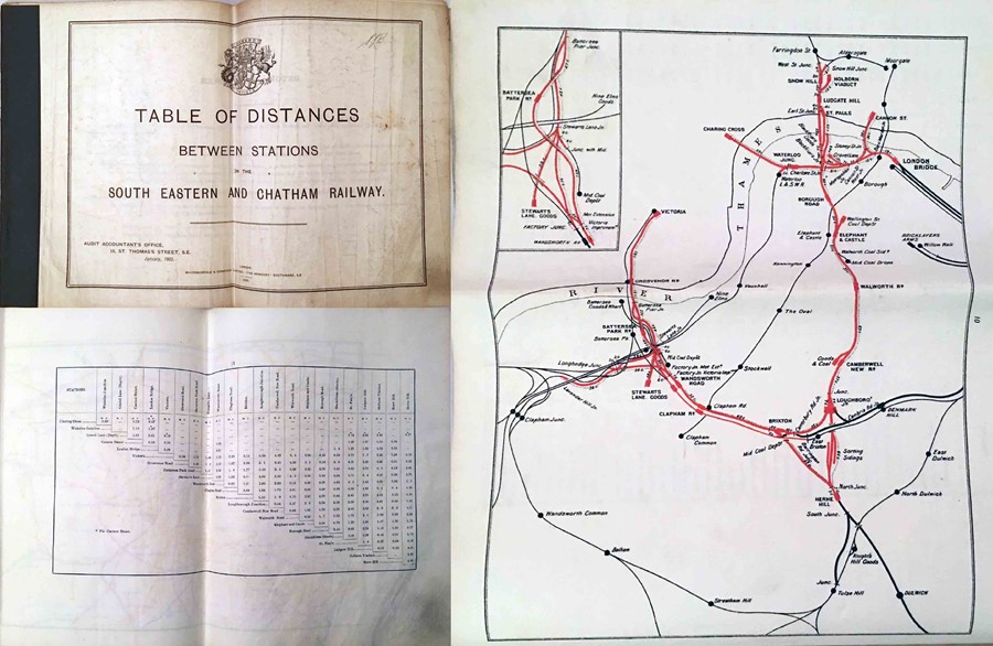 1905 'TABLE OF DISTANCES BETWEEN STATIONS on the South Eastern and Chatham Railway'. 17 pages of