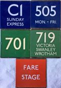 Selection of London Transport bus stop enamel E-PLATES comprising C1 Sunday Express, 505 Mon-Fri (