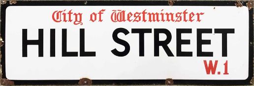 c1930s-50s City of Westminster enamel STREET SIGN from Hill Street, W1, a residential street in