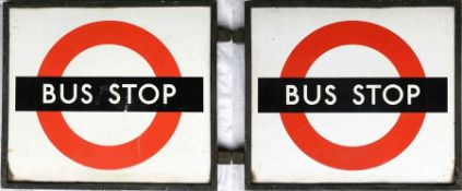 1940s London Transport enamel BUS STOP FLAG (compulsory). A double-sided sign comprising two