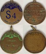 Pair of Great Eastern Railway (GER) brass/enamel PASS MEDALLIONS, the first is 2nd class, 'S4 Mrs