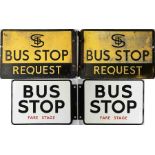 Pair of BUS STOP FLAGS, both double-sided, the first an alloy 'STD Bus Stop Request' (operator