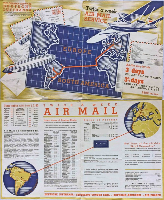 1935 Deutsche Lufthansa (German Airways) fold-out BROCHURE for Air-mail services by plane &