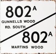 London Transport bus stop enamel E-PLATE for route 802A split into two different routings, the first