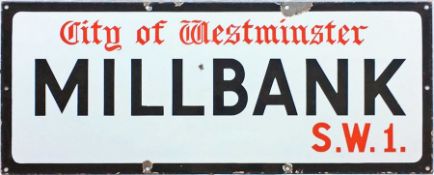 c1930s-50s City of Westminster enamel STREET SIGN from Millbank, SW1 which runs alongside the Thames