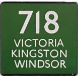 London Transport coach stop enamel E-PLATE for Green Line route 718 destinated Victoria, Kingston,