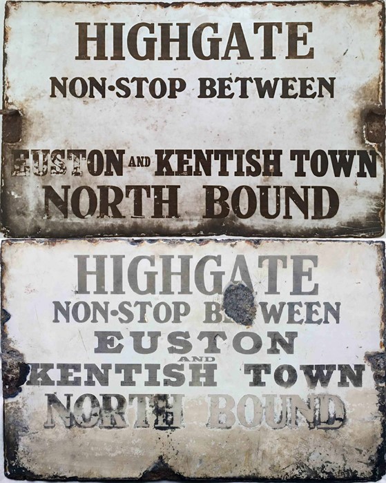 Very early London Underground ENAMEL SIGN 'Highgate Non-Stop between Euston & Kentish Town