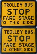 Enamel Trolley Bus STOP FLAG with additional wording 'Fare Stage' & 'Q This Side/Other Side'. A