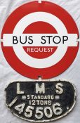 London Transport enamel BUS STOP PLATE 'Request' from a "dolly stop" used to provide a temporary