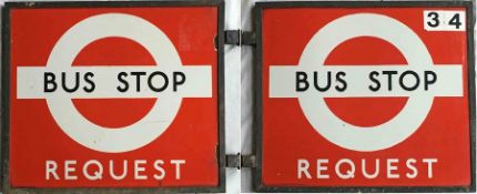 1930s/40s London Transport enamel BUS STOP FLAG 'Request'. A double-sided sign comprising two plates