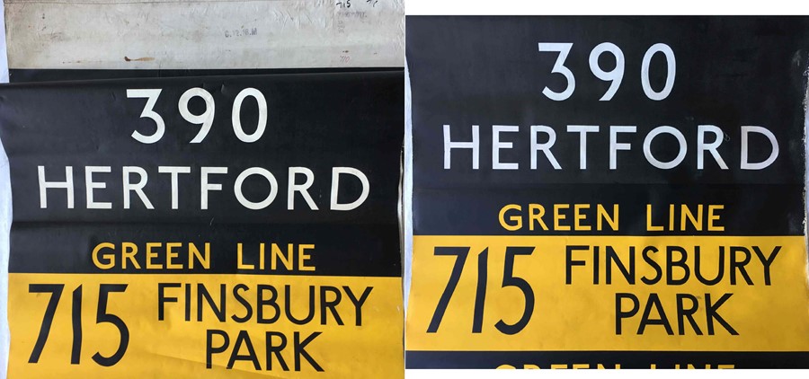 Pair of London Country DESTINATION BLINDS for RF-type Green Line coaches at Hertford (HG) garage.