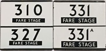 Pair of London Transport bus stop enamel E-PLATES, the first for routes 310/327, both annotated '