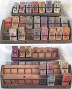 Pair of bus conductor's wooden TICKET-RACKS, double-sided, with spring loaded compartments, the