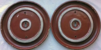 Pair of London Transport RT-family, RF, Routemaster aluminium REAR WHEEL HUB COVERS, as fitted