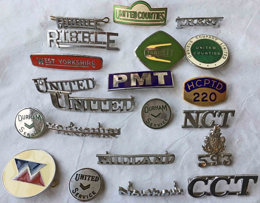 Collection of bus operator LAPEL & CAP BADGES from the 1950s-70s period. Operators include United