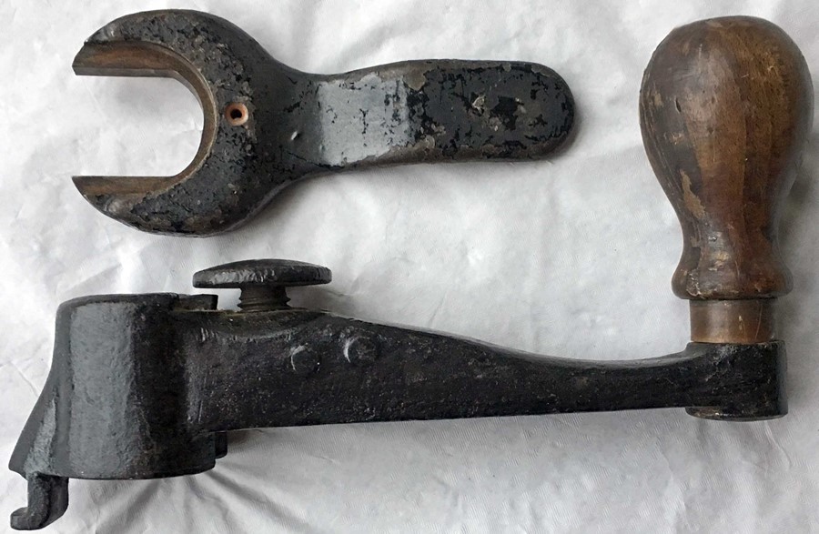 A tram driver's CONTROLLER HANDLE (cast-iron & wood) together with cast-iron KEY. Origin unknown but